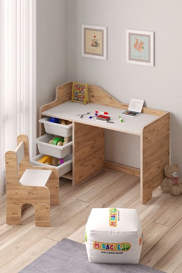 Çocuk Oyun Aktivite Masası 90x45 Cm 3 Sepetli Çocuk Çalışma Masası Sırt Dayamalı Sandalye